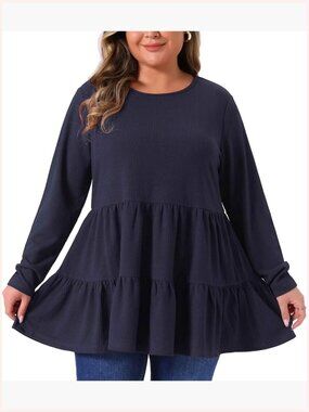Plus Size Babydoll Top Long Sleeve Crew Neck Loose Peplum Tunic Blouse